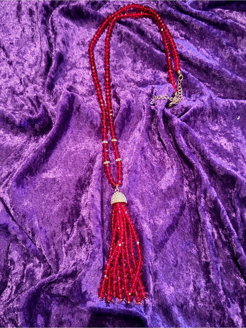 Red Beaded Sparkly Tassel Necklace - Women’s Jewelry